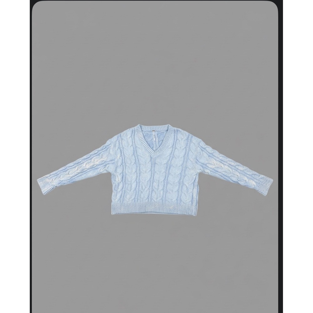 Free People Washed Cable V-Neck Sweater Sz Small Sky Blue/White Comfy OB2124344